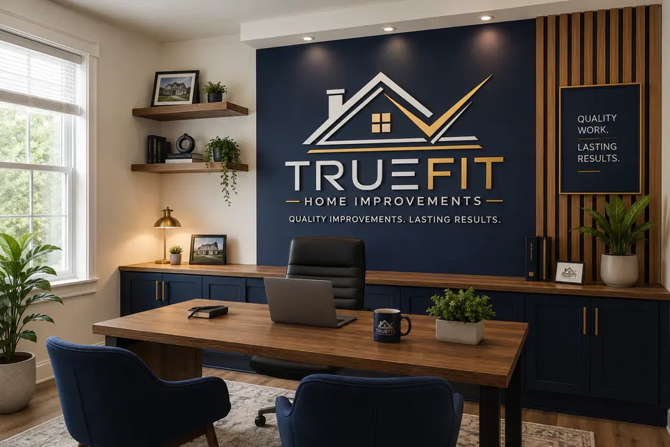 TrueFit Home Improvements office featuring navy cabinetry, warm wood finishes, and the TrueFit wall logo